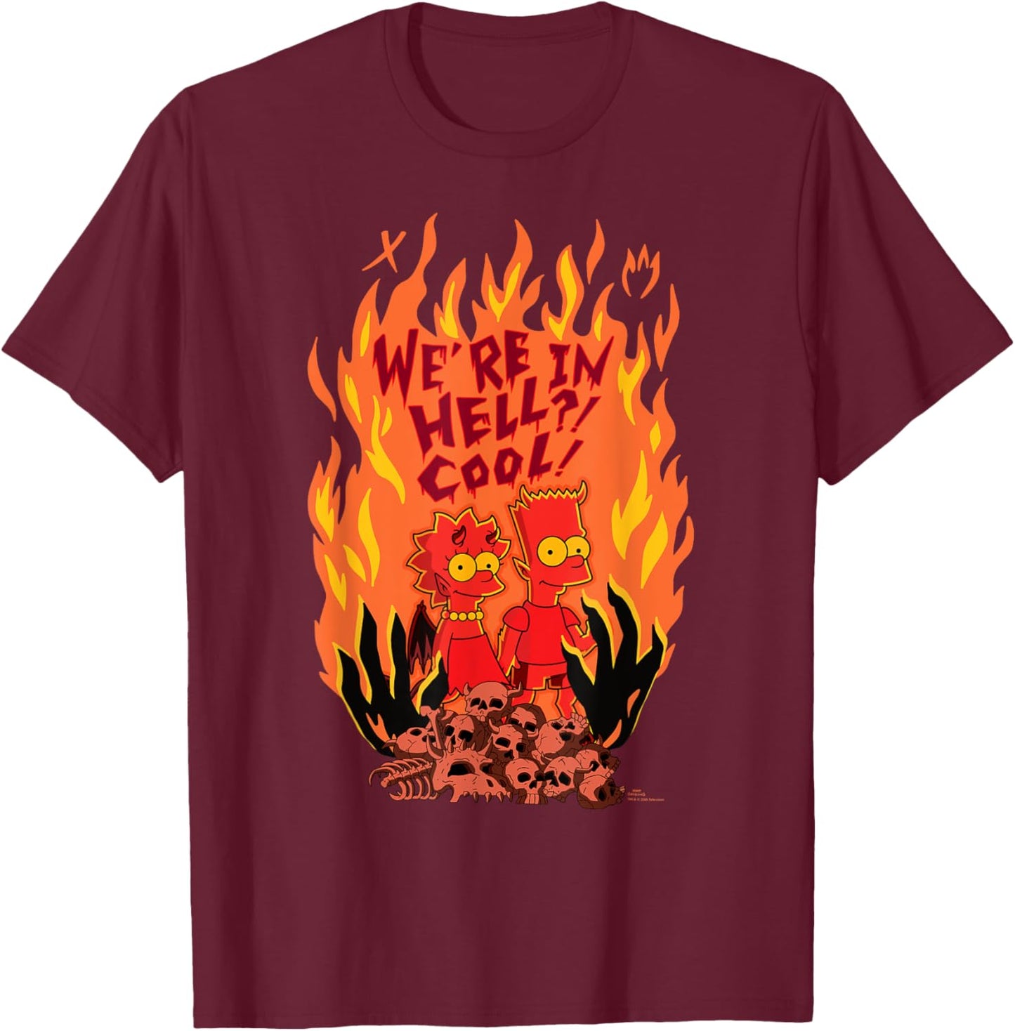 The Simpsons Halloween Bart and Lisa “We’re in Hell? Cool!” T-Shirt - T-Shirt | Maroon