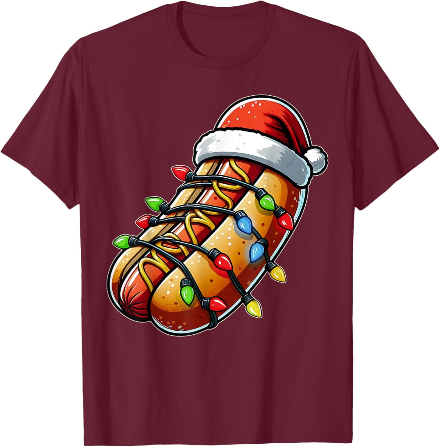 Hot Dog Christmas Hat Xmas T-Shirt - T-Shirt | Maroon