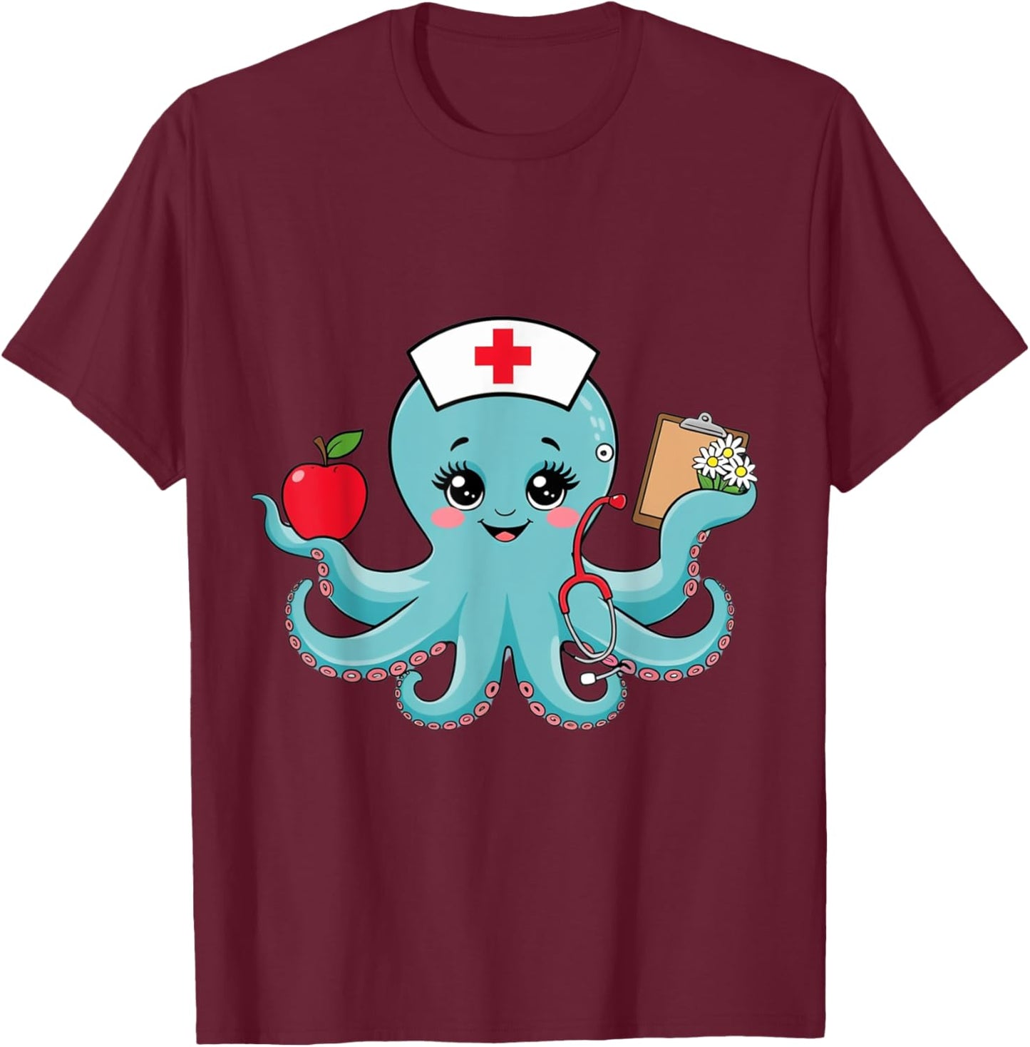 Octopus Nurse Cute Animal Nursing Cartoon Ocean T-Shirt - T-Shirt | Maroon