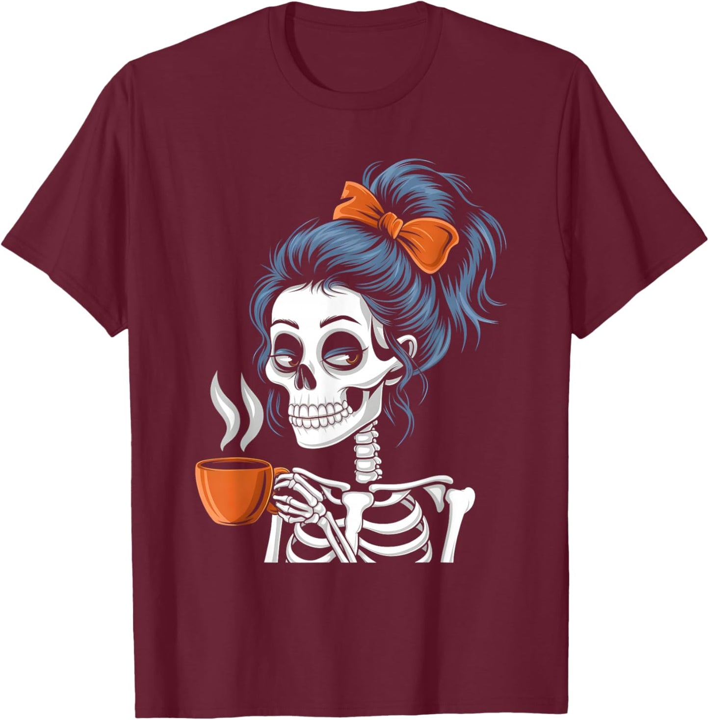 Halloween Skeleton Messy Bun Coffee Funny Costume Mom Women T-Shirt - T-Shirt | Maroon