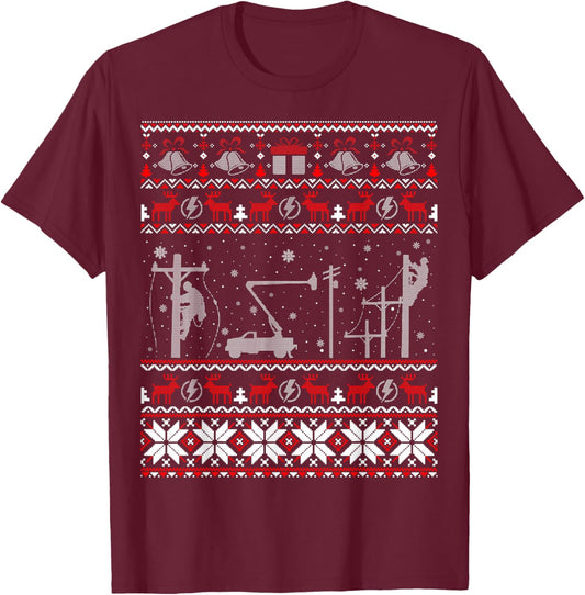 Lineman Ugly Christmas Sweater Gifts Men T-Shirt - T-Shirt | Maroon