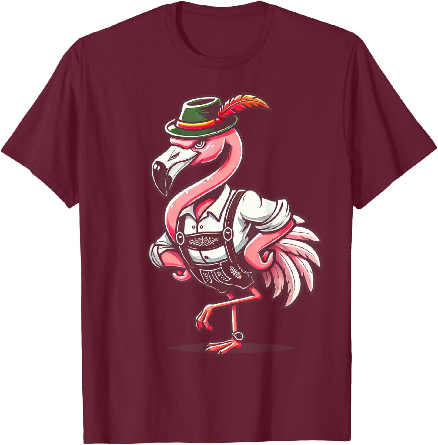 Oktoberfest Flamingo Funny German Bavarian Lederhosen T-Shirt - T-Shirt | Maroon