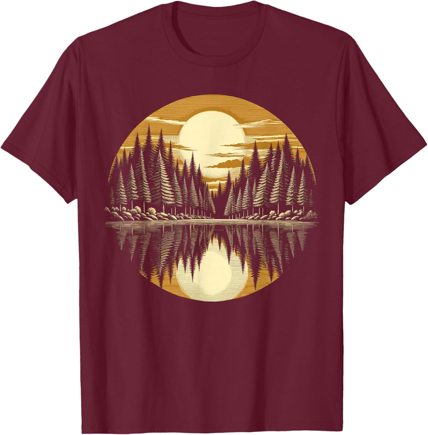 Nature Reflection Retro Forest Trees Outdoor Wildlife T-Shirt - T-Shirt | Maroon