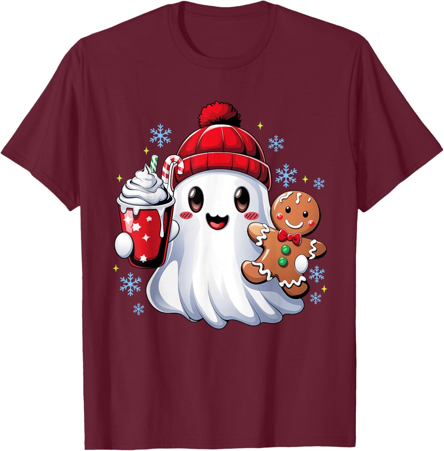 Cute Christmas Ghost Santa Christmas Candy Women Kids Girl T-Shirt - T-Shirt | Maroon