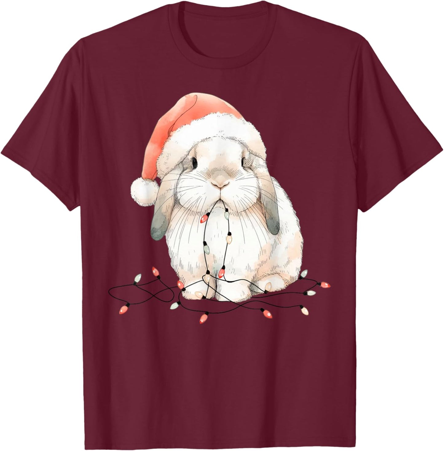 Cute Rabbit Bunny Lop Chew Christmas Light Xmas Watercolor T-Shirt - T-Shirt | Maroon