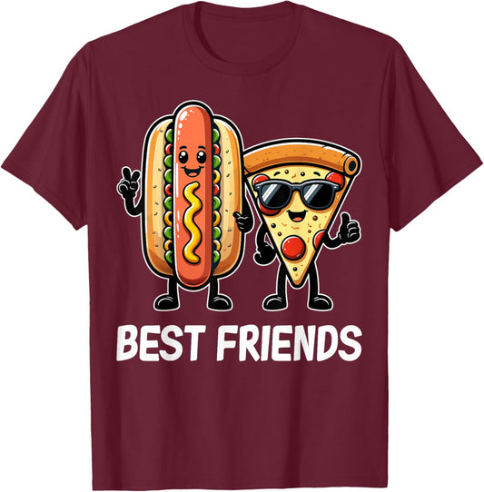 Funny Foddie Fast Food Lover Best Friends Hot Dog Pizza T-Shirt - T-Shirt | Maroon