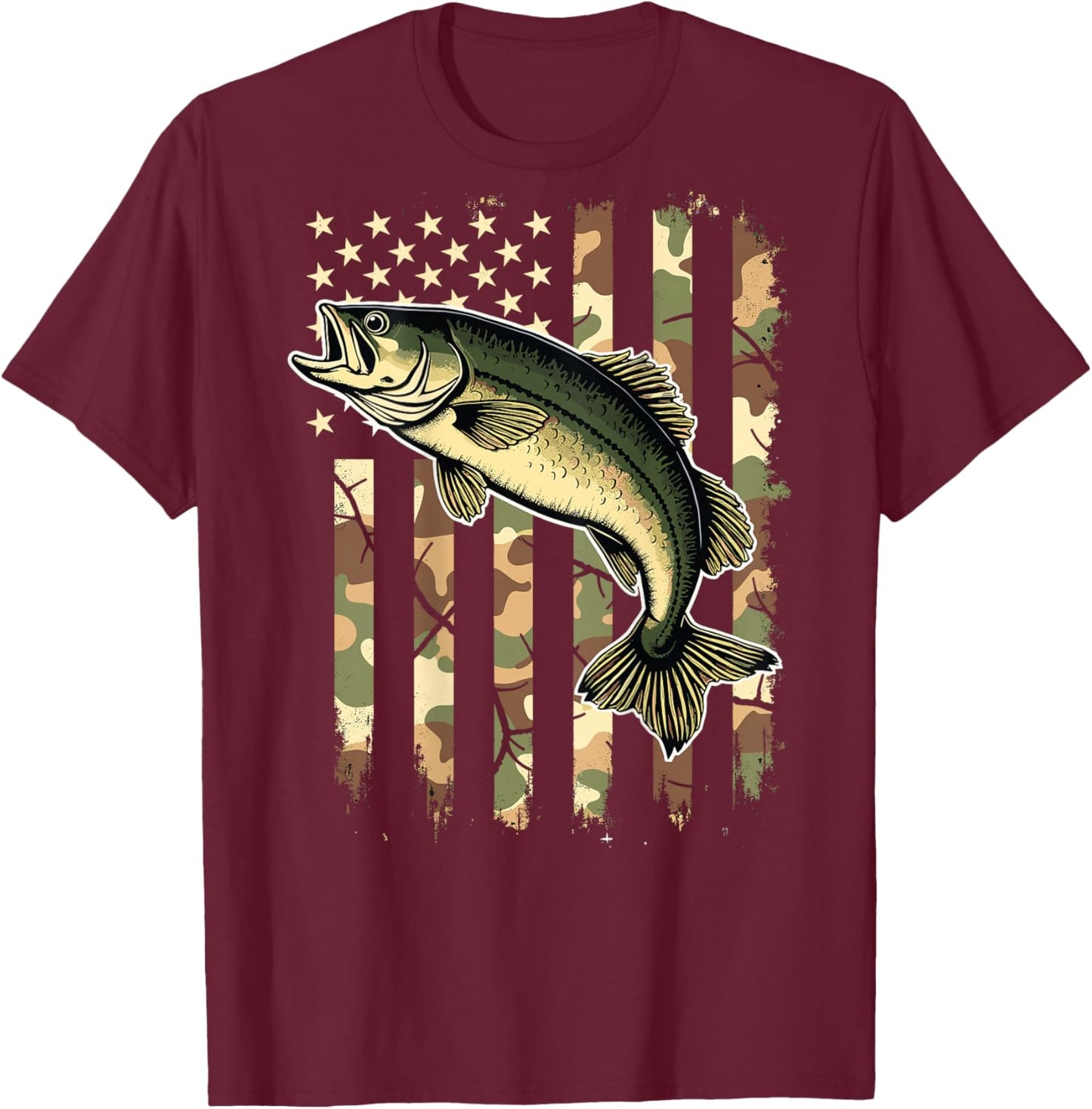 Fishing (on Back) Camouflage USA American Flag Fisherman T-Shirt - T-Shirt | Maroon