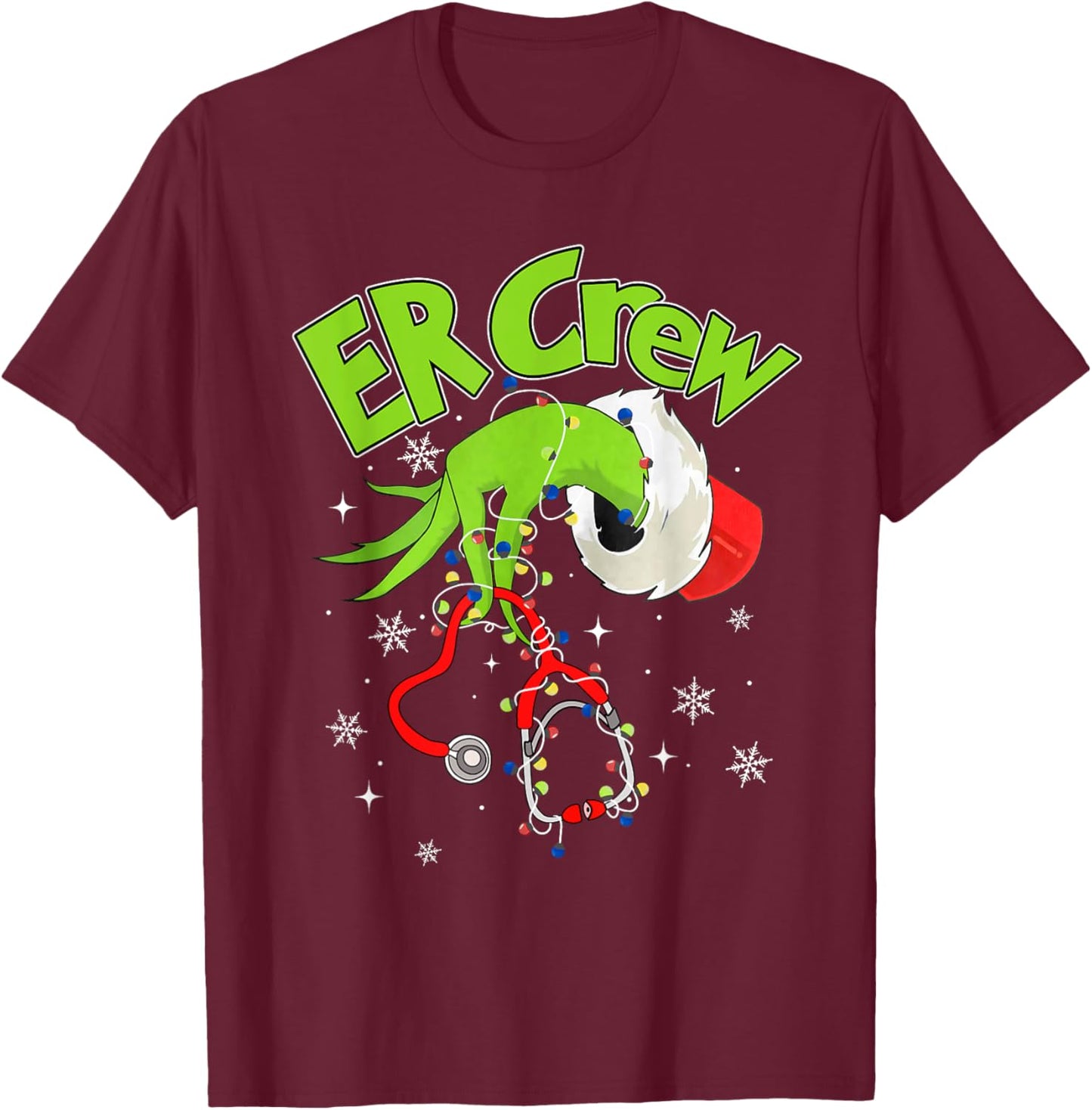 Nurse Christmas Stethoscope ER Crew Xmas Lights Pajamas T-Shirt - T-Shirt | Maroon