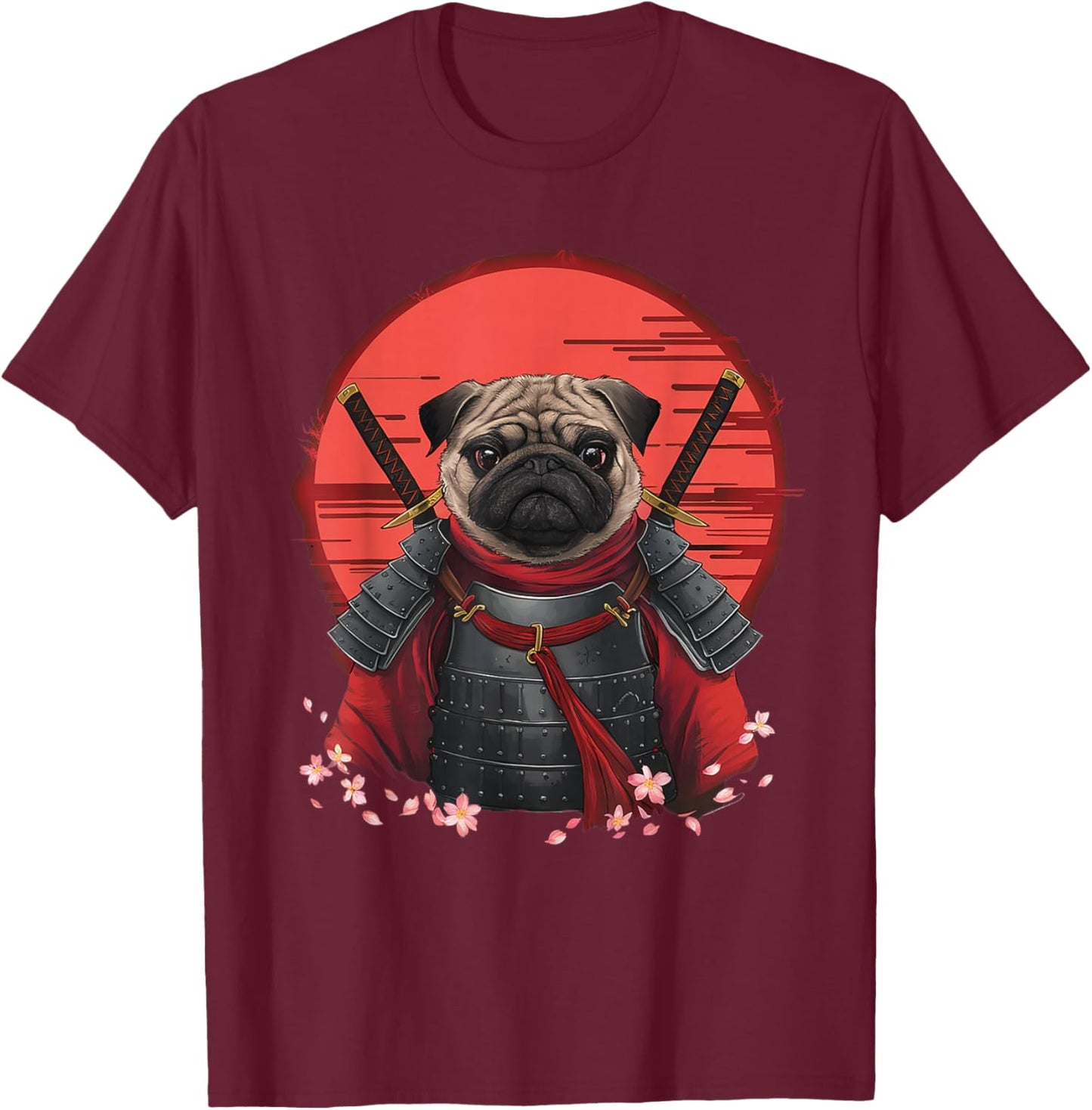 Japanese Samurai Pug Warrior Anime Sword Ninja Dog T-Shirt - T-Shirt | Maroon