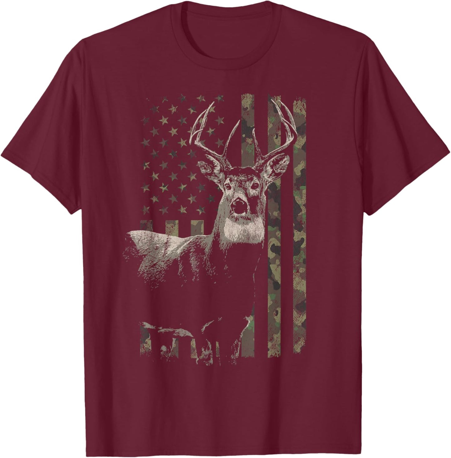 Hunting Camo American Flag Deer T-Shirt - T-Shirt | Maroon