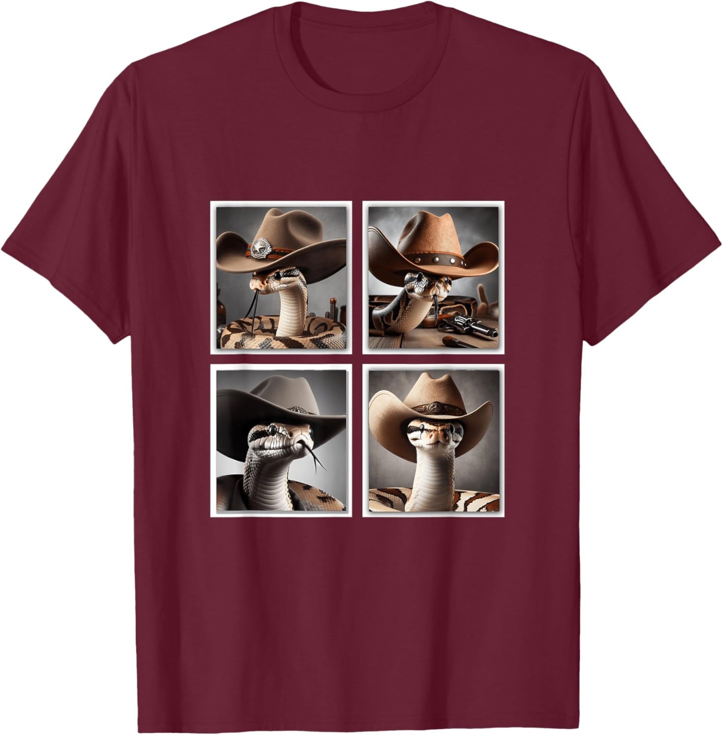 Snake In Cowboy Hat Funny Animal Photobooth Snake Owner T-Shirt - T-Shirt | Maroon
