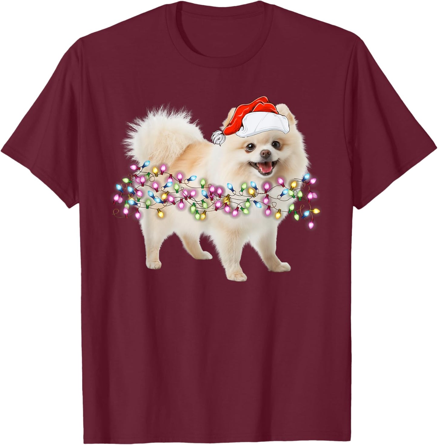 Cute Pomeranian Santa Christmas Tree Lights -Families, Kids, and Cartoon Lovers Black Small Classic Fit Short Sleeve T-Shirt - T-Shirt | Maroon