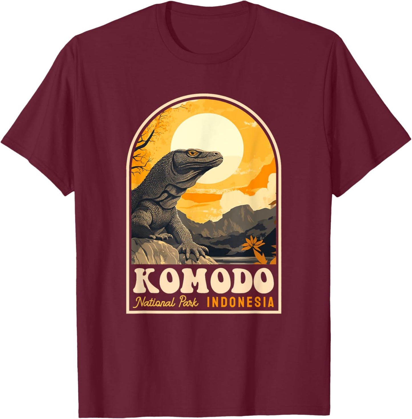 Komodo National Park Indonesia Retro Komodo Dragon Reptile T-Shirt - T-Shirt | Maroon