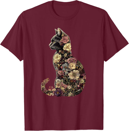 Floral Cat Men Women Girls Kids T-Shirt - T-Shirt | Maroon