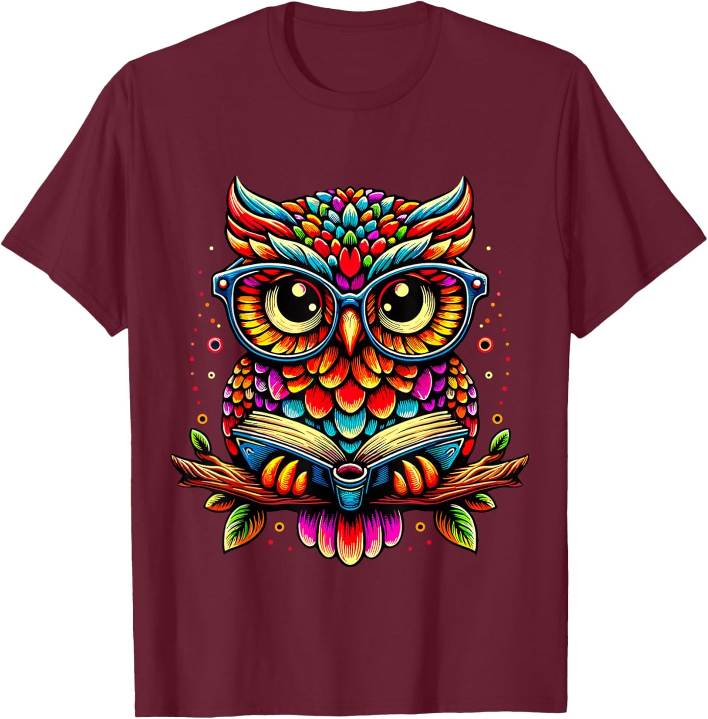 Owl with Glasses and Book Reading T-Shirt - T-Shirt | Maroon