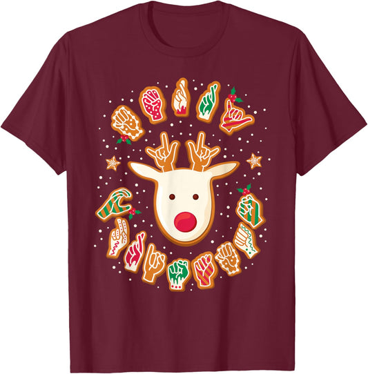 Gingerbread ASL Deaf Signing ASL Christmas - -Adults, -Kids - Black - Small - Short Sleeve - Modern Festive Casual - Reindeer, Gingerbread Hands - Christmas T-Shirt - T-Shirt | Maroon