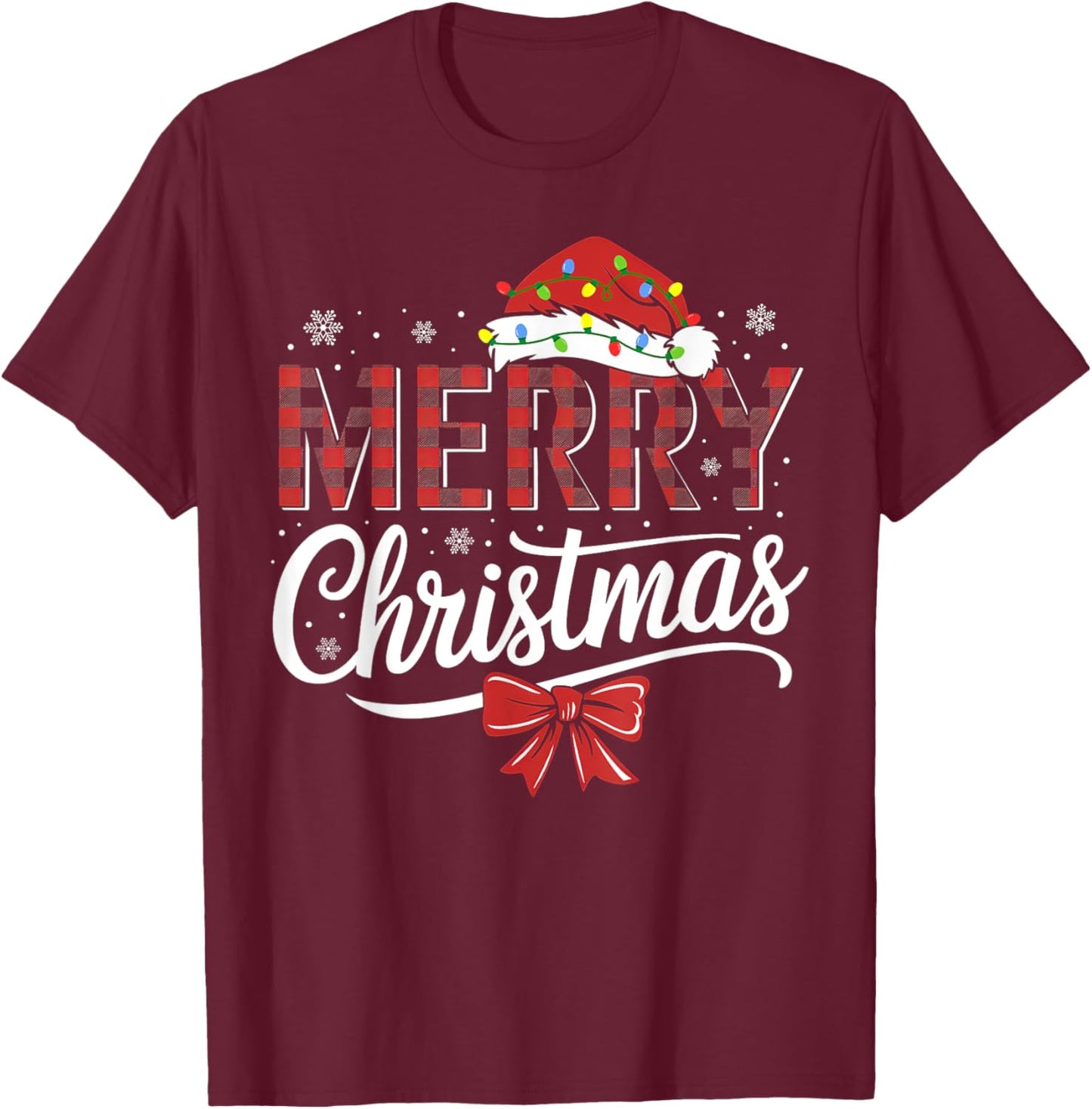 Merry Christmas Buffalo Plaid Red Santa Hat Xmas Pajamas T-Shirt - T-Shirt | Maroon