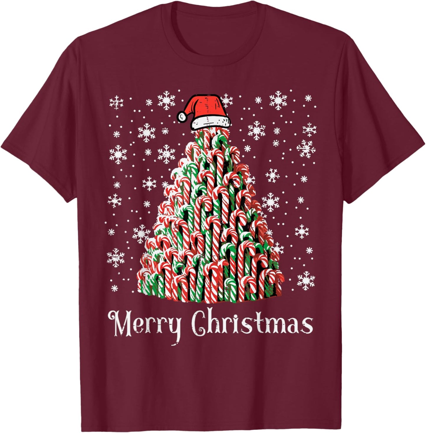 Merry Christmas Candy Cane Tree Xmas Kids Youth Men Women T-Shirt - T-Shirt | Maroon