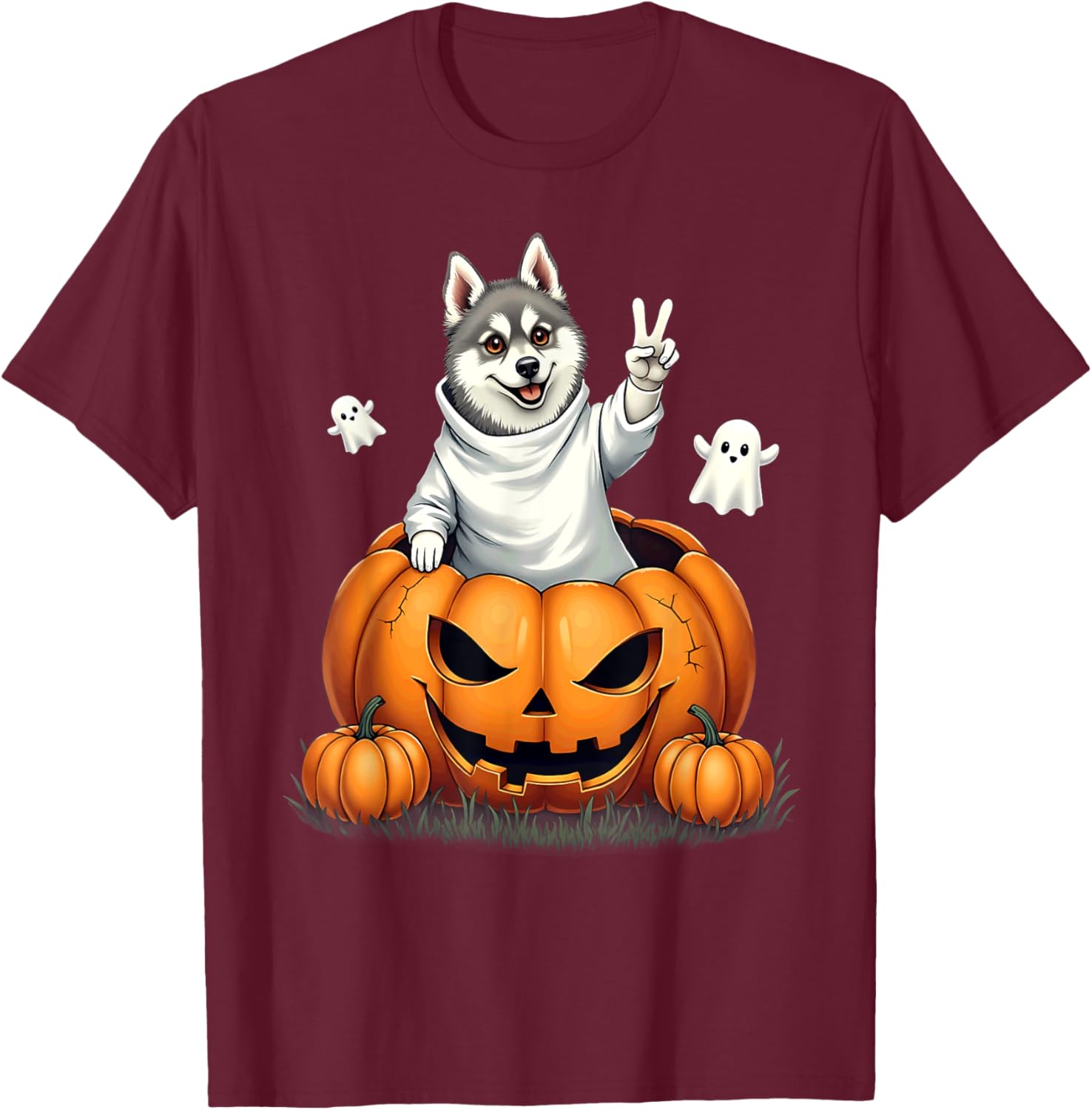 Pumpkin Boo Ghost Alaskan Klee Kai Dog Halloween Costume T-Shirt - T-Shirt | Maroon