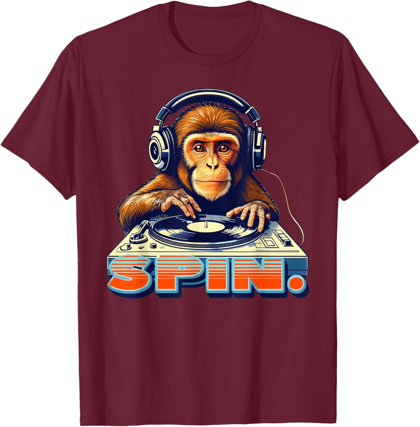 Funny DJ Monkey 80s Retro Disco T-Shirt - T-Shirt | Maroon