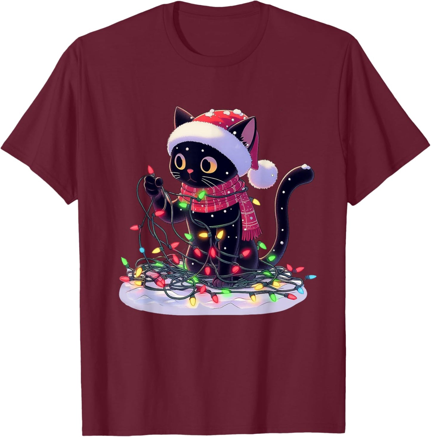 Black Cat Santa Tangled Up In Christmas Tree Lights Holiday T-Shirt - T-Shirt | Maroon
