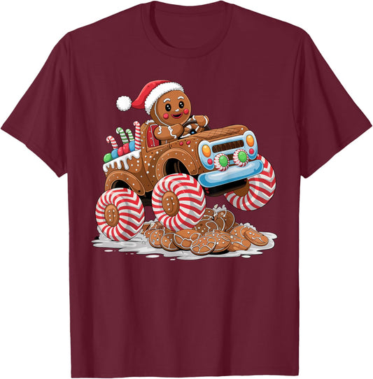 Monster Truck Gingerbread Man Funny Christmas Baking T-Shirt - T-Shirt | Maroon
