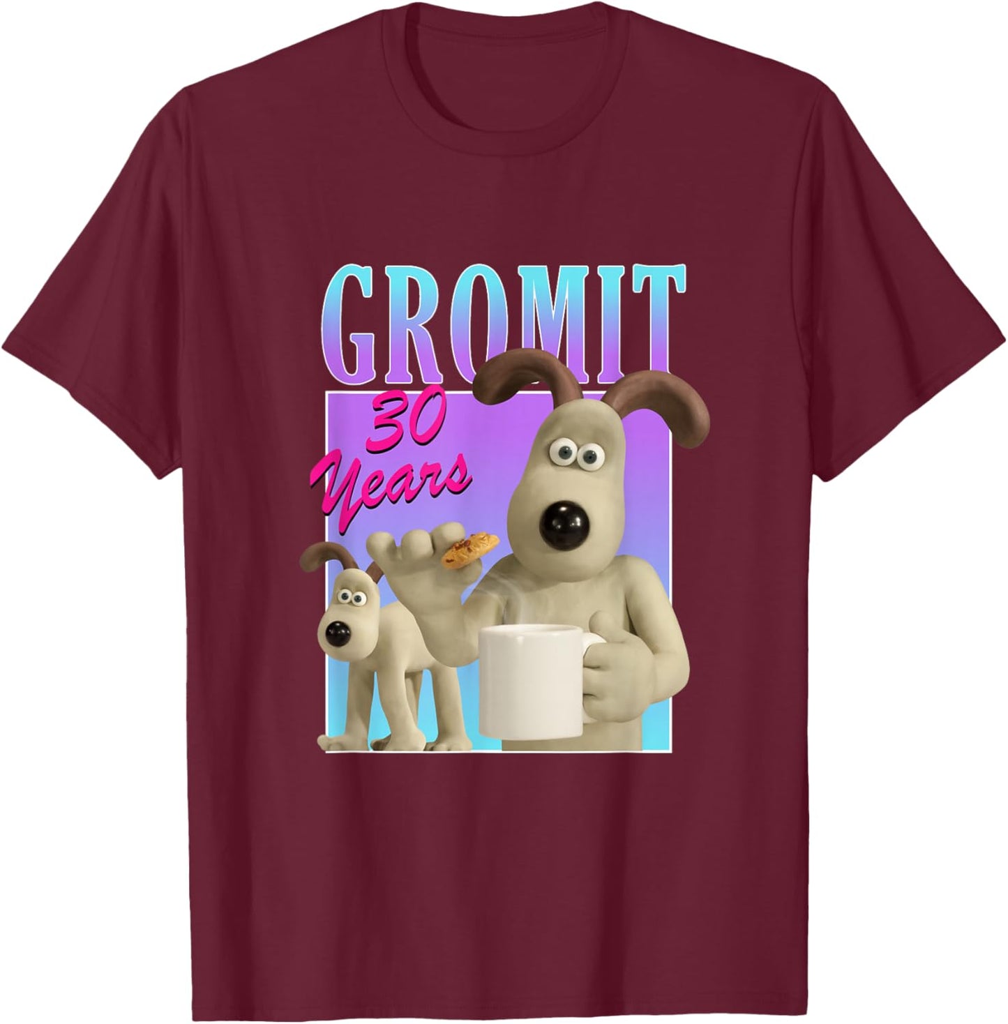 Wallace & Gromit Gromit 30th Logo Adults Kids Black Short Sleeve Modern Classic Cartoon T-Shirt - T-Shirt | Maroon