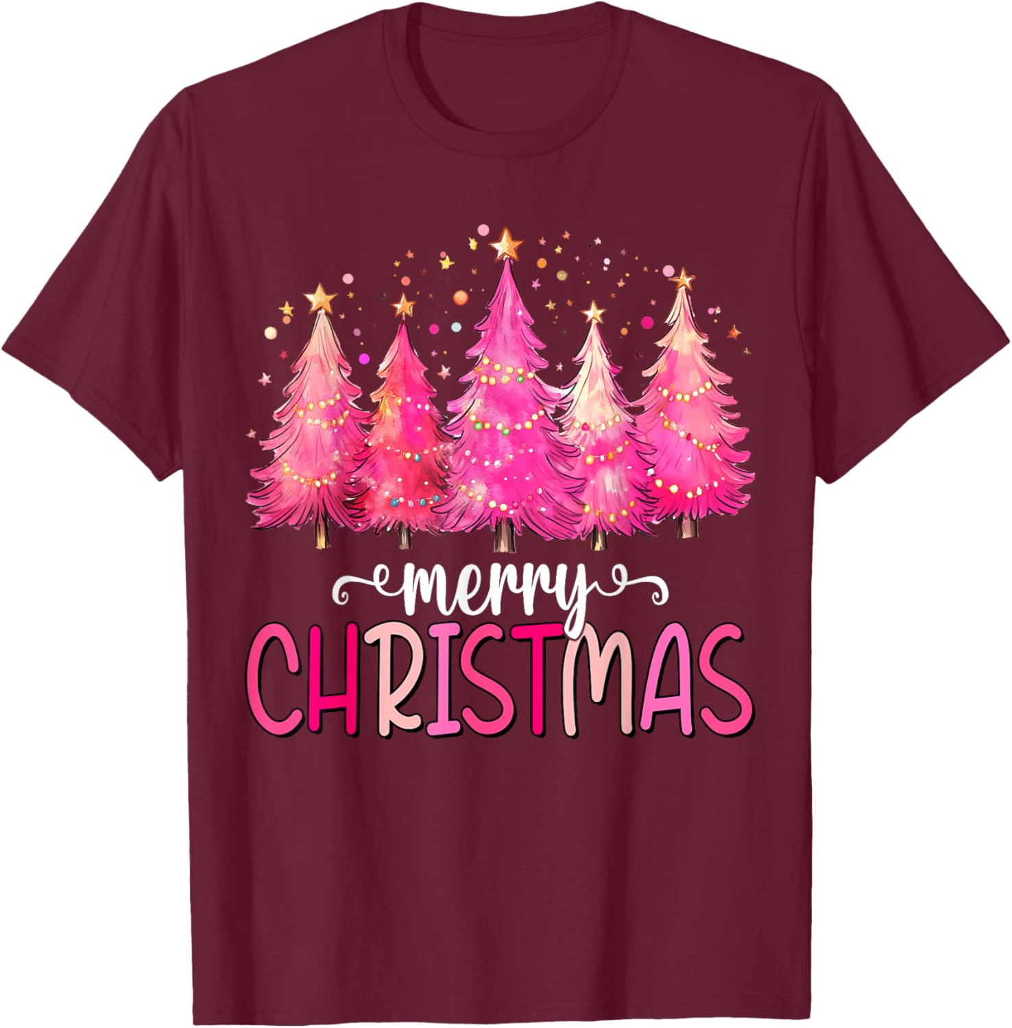 Merry and Bright Pink Christmas Tree Pink Christmas Tree T-Shirt - T-Shirt | Maroon