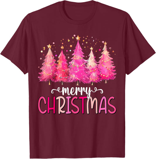 Merry and Bright Pink Christmas Tree Pink Christmas Tree T-Shirt - T-Shirt | Maroon