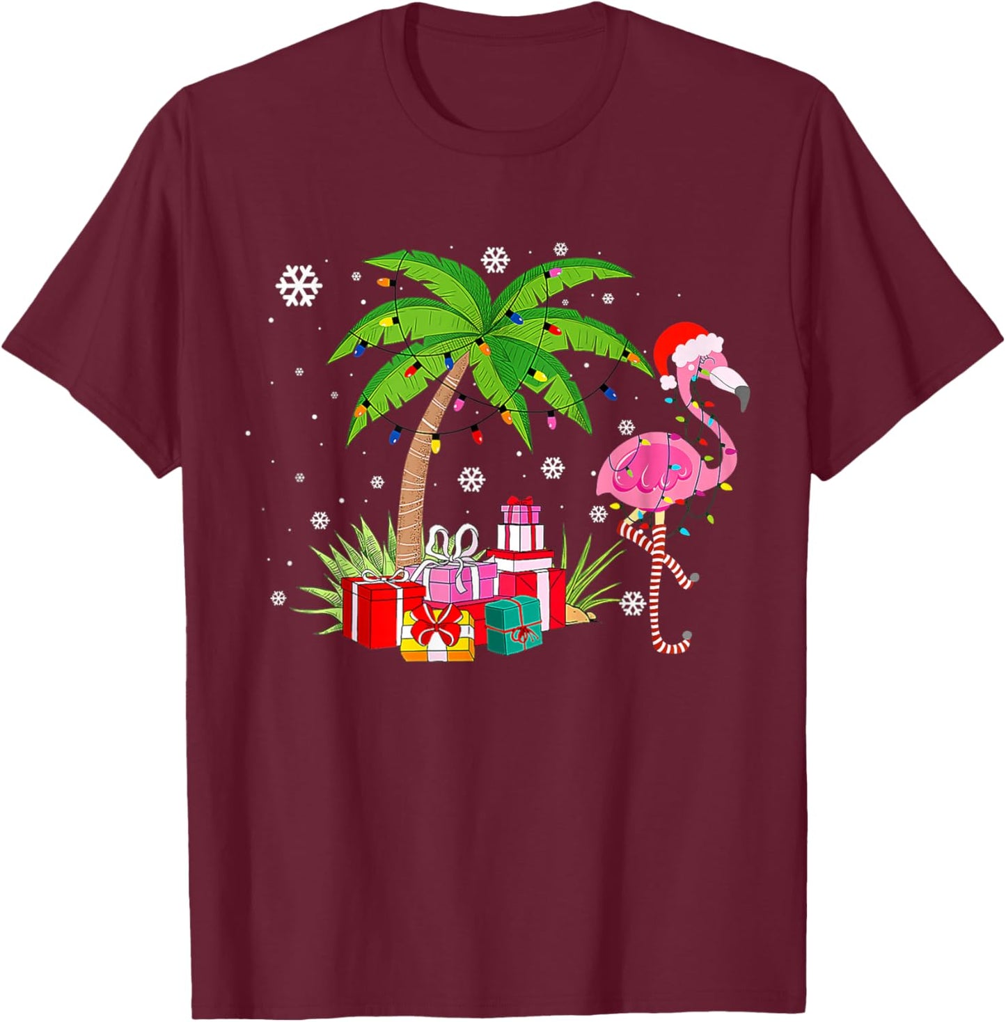 Pink Flamingo Christmas Palm Tree Tropical Xmas Funny T-Shirt - T-Shirt | Maroon