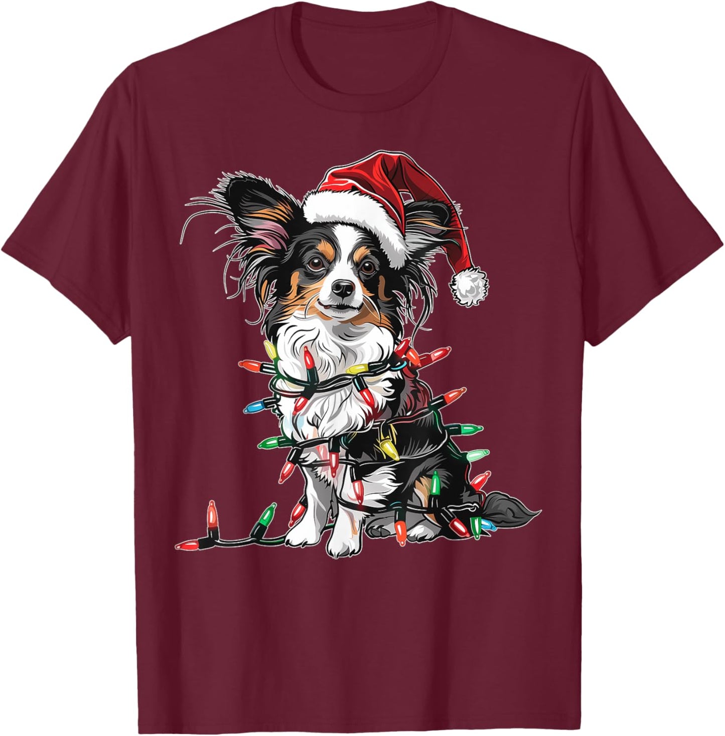 Cute Papillon Dog Christmas Hat Xmas - Cute Papillon Dog Christmas Hat Xmas Gifts - -Kids, -Adults - Red - Small - Short Sleeve T-Shirt - T-Shirt | Maroon