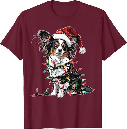 Cute Papillon Dog Christmas Hat Xmas - Cute Papillon Dog Christmas Hat Xmas Gifts - -Kids, -Adults - Red - Small - Short Sleeve T-Shirt - T-Shirt | Maroon