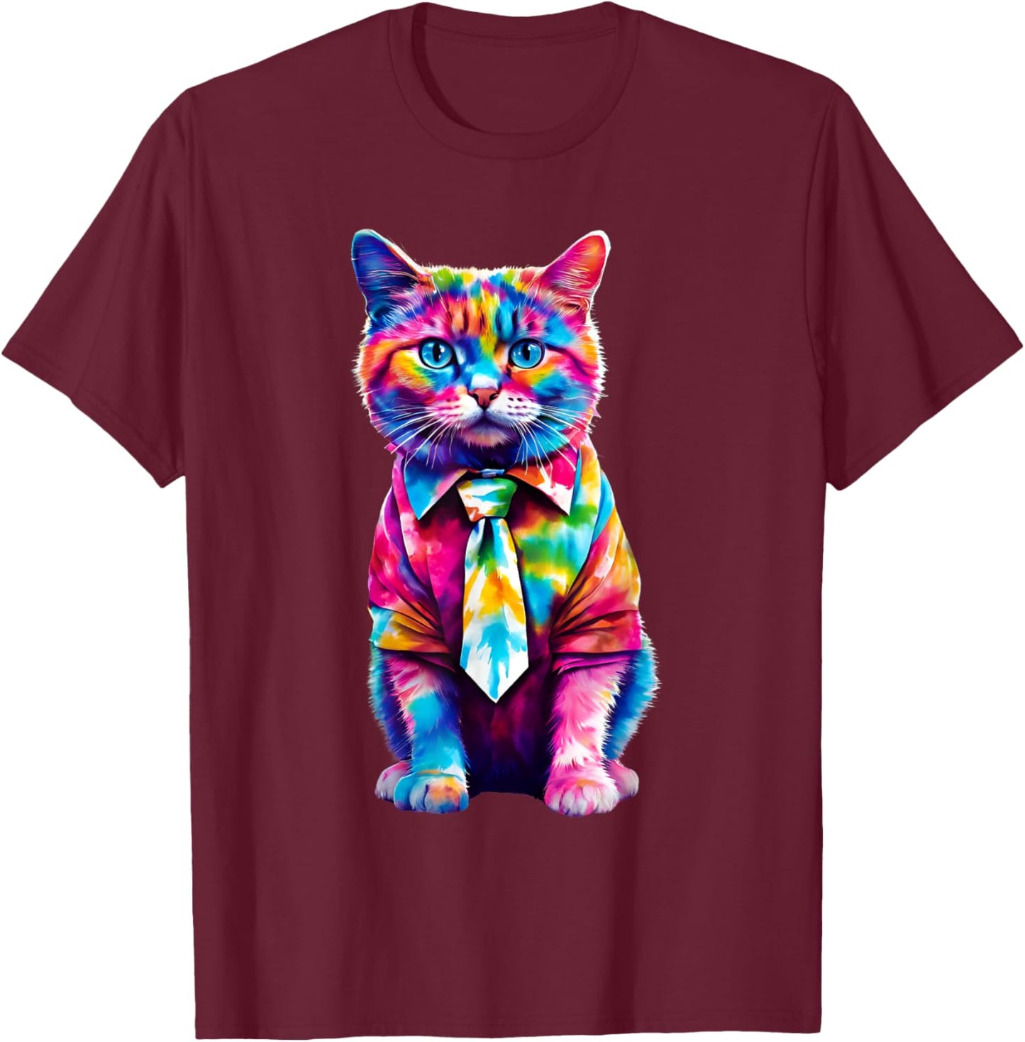 Colorful Rainbow Cat in Tie Dye Cute Funny Cat Lover Women Girls Kids T-Shirt - T-Shirt | Maroon