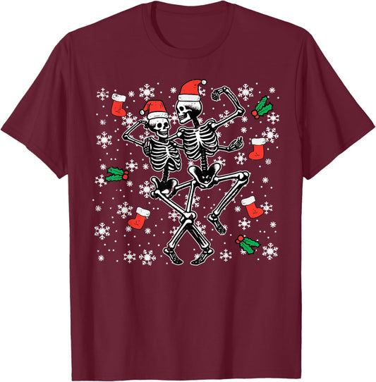 Christmas Dancing Skeletons Funny Xmas Bones Goth Women Men T-Shirt - T-Shirt | Maroon