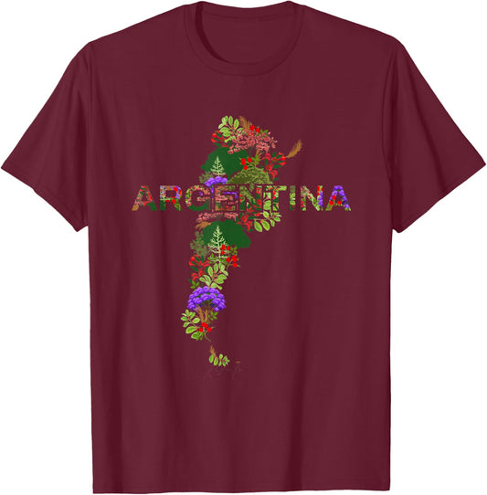 Argentina Botanical Map - Buenos Aires Souvenir T-Shirt - T-Shirt | Maroon
