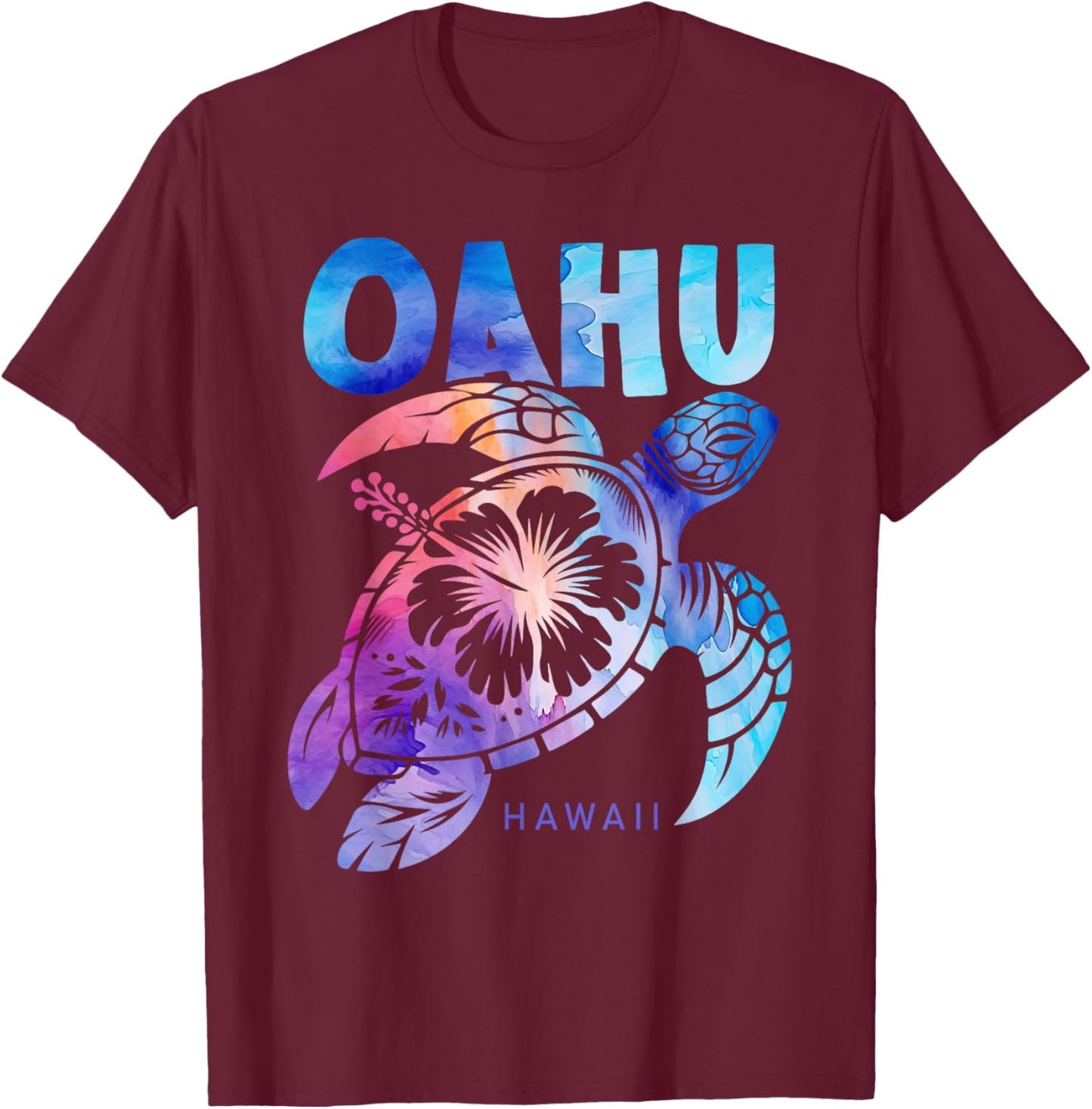 Oahu Tie Dye Sea Turtle Hibiscus Hawaii Vacation 2025 T-Shirt - T-Shirt | Maroon