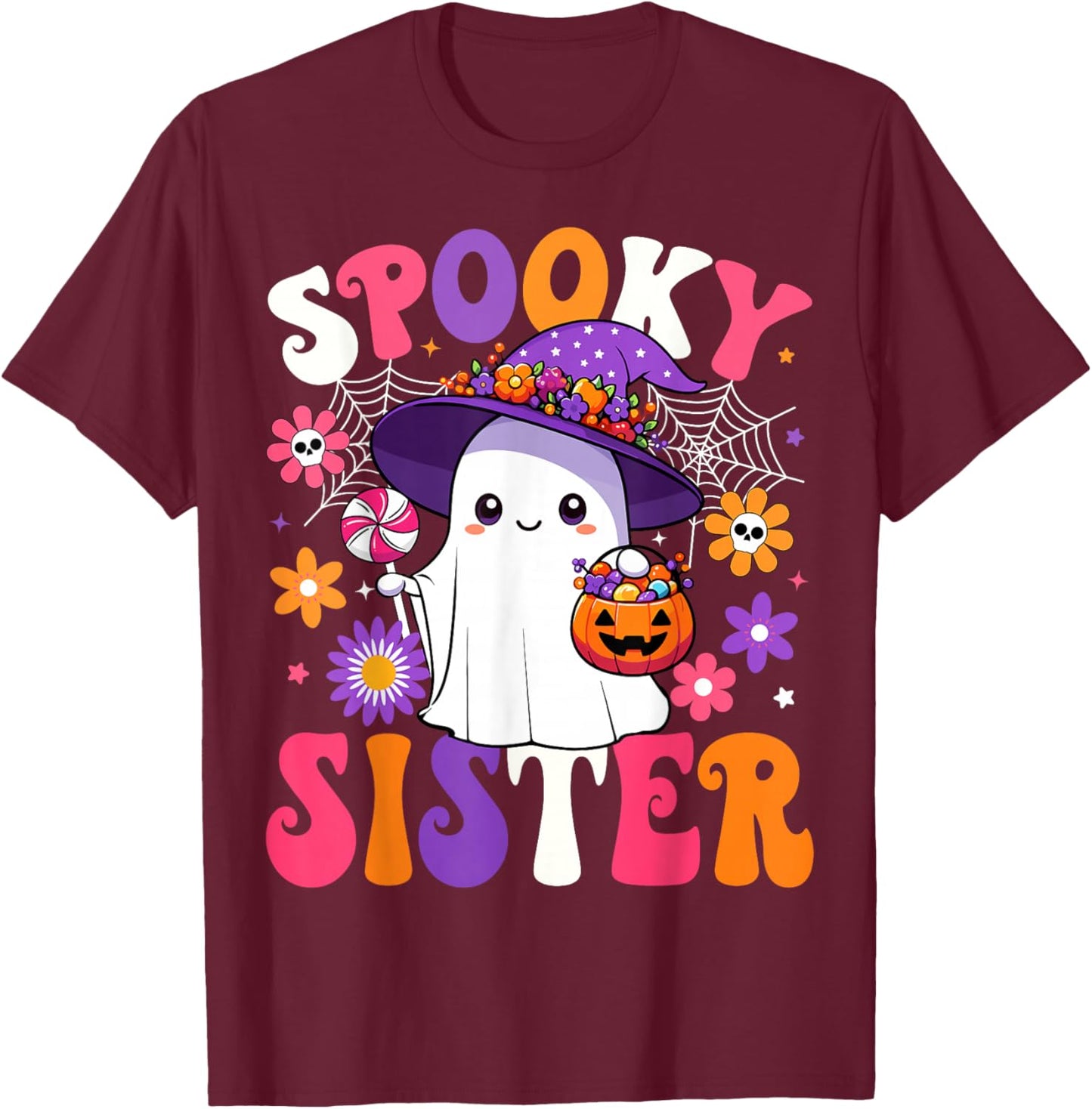 Groovy Spooky Sister Halloween Ghost Pumpkin Halloween Sis T-Shirt - T-Shirt | Maroon