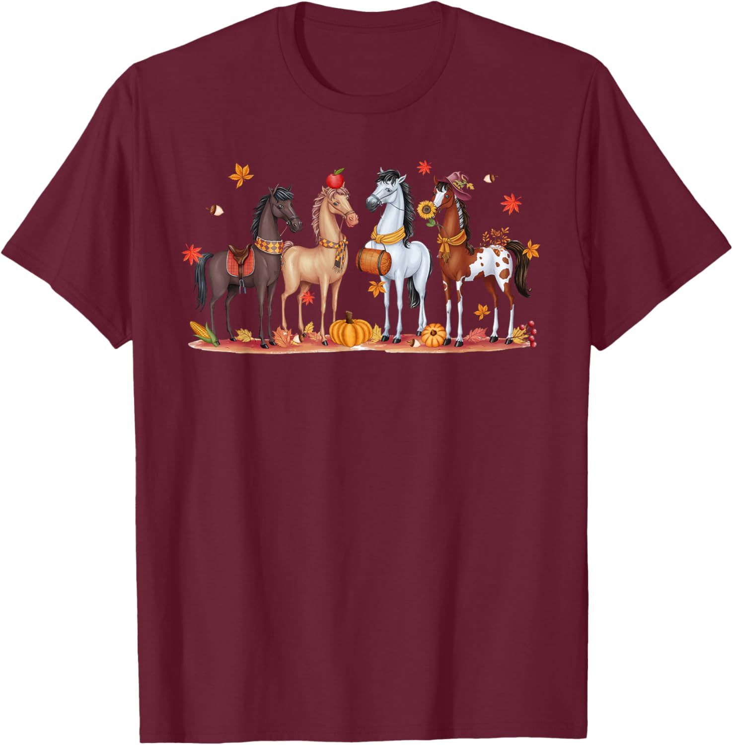 Autumn Horse Fall Cows Farmer Pumpkin Western Horse Harvest T-Shirt - T-Shirt | Maroon