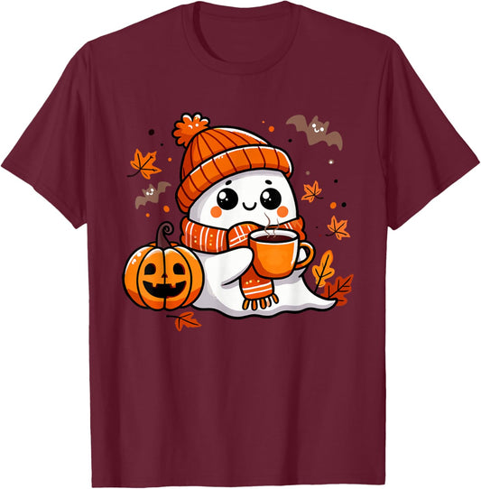 Halloween Ghost Drinking Coffee, Cute Kawaii Halloween T-Shirt - T-Shirt | Maroon