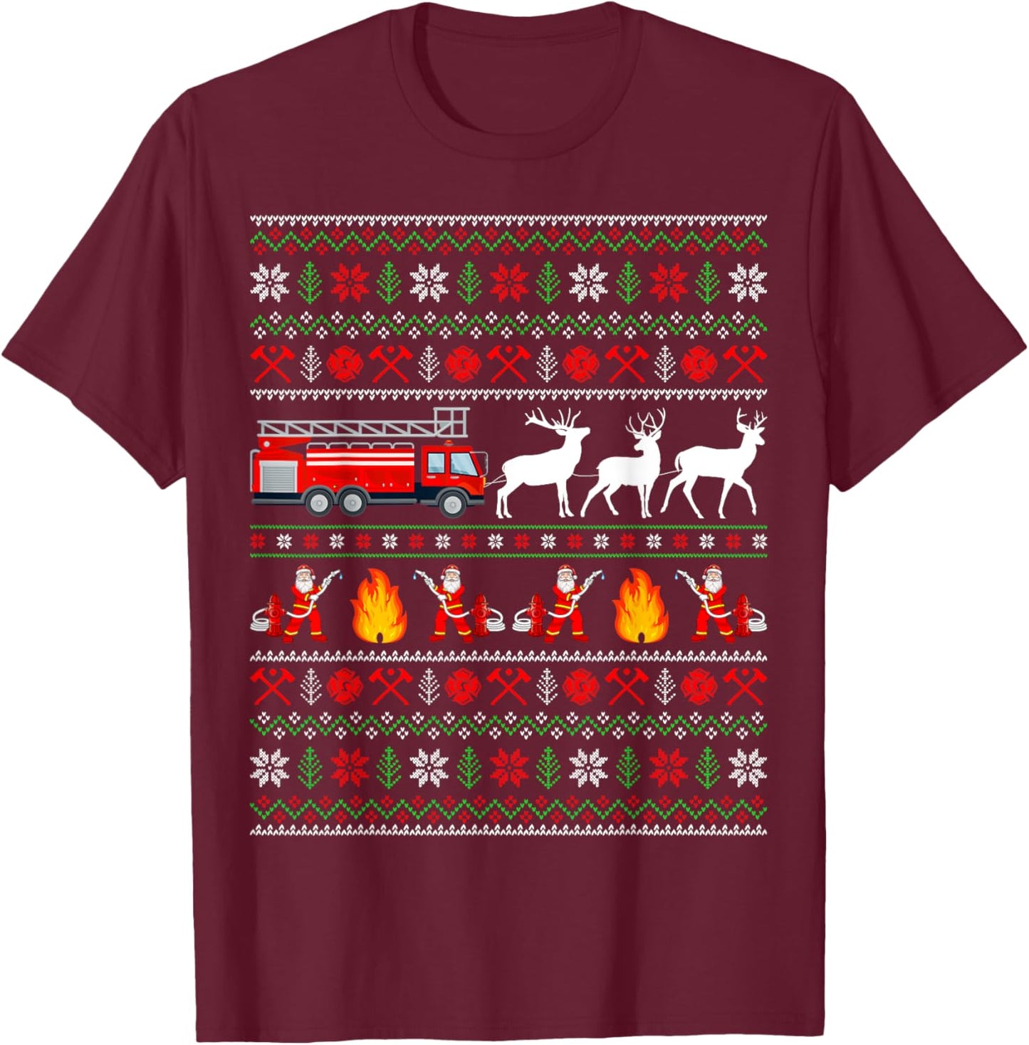 Fire Truck Reindeer Santa Ugly Sweater Firefighter Christmas T-Shirt - T-Shirt | Maroon