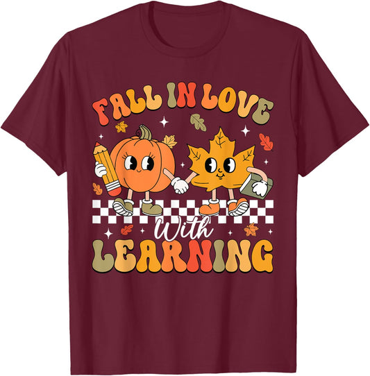 Retro Fall In Love With Learning Autumn Pumpkin Teacher T-Shirt - T-Shirt | Maroon