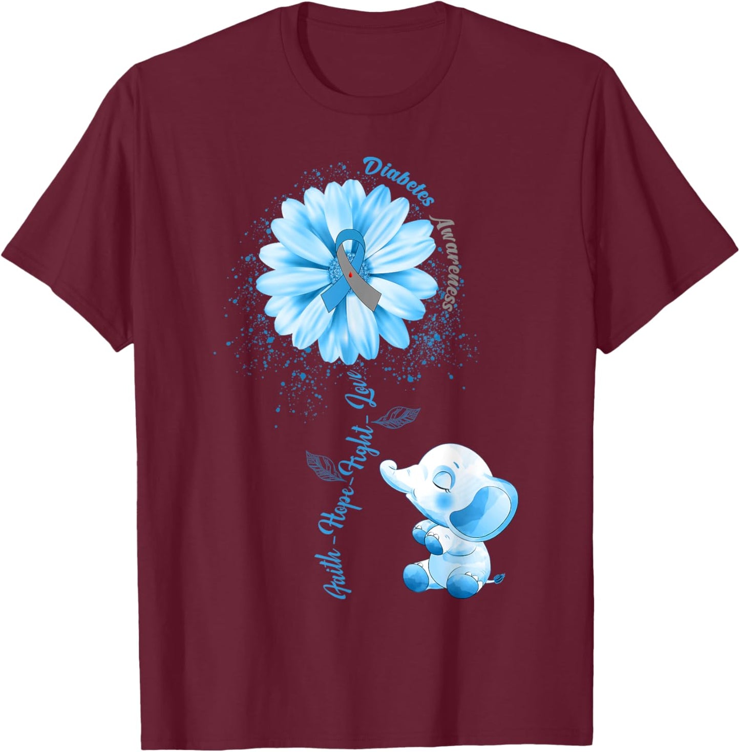 Faith Hope Fight Love Elephant Type 1 Diabetes Awareness Day T-Shirt - T-Shirt | Maroon