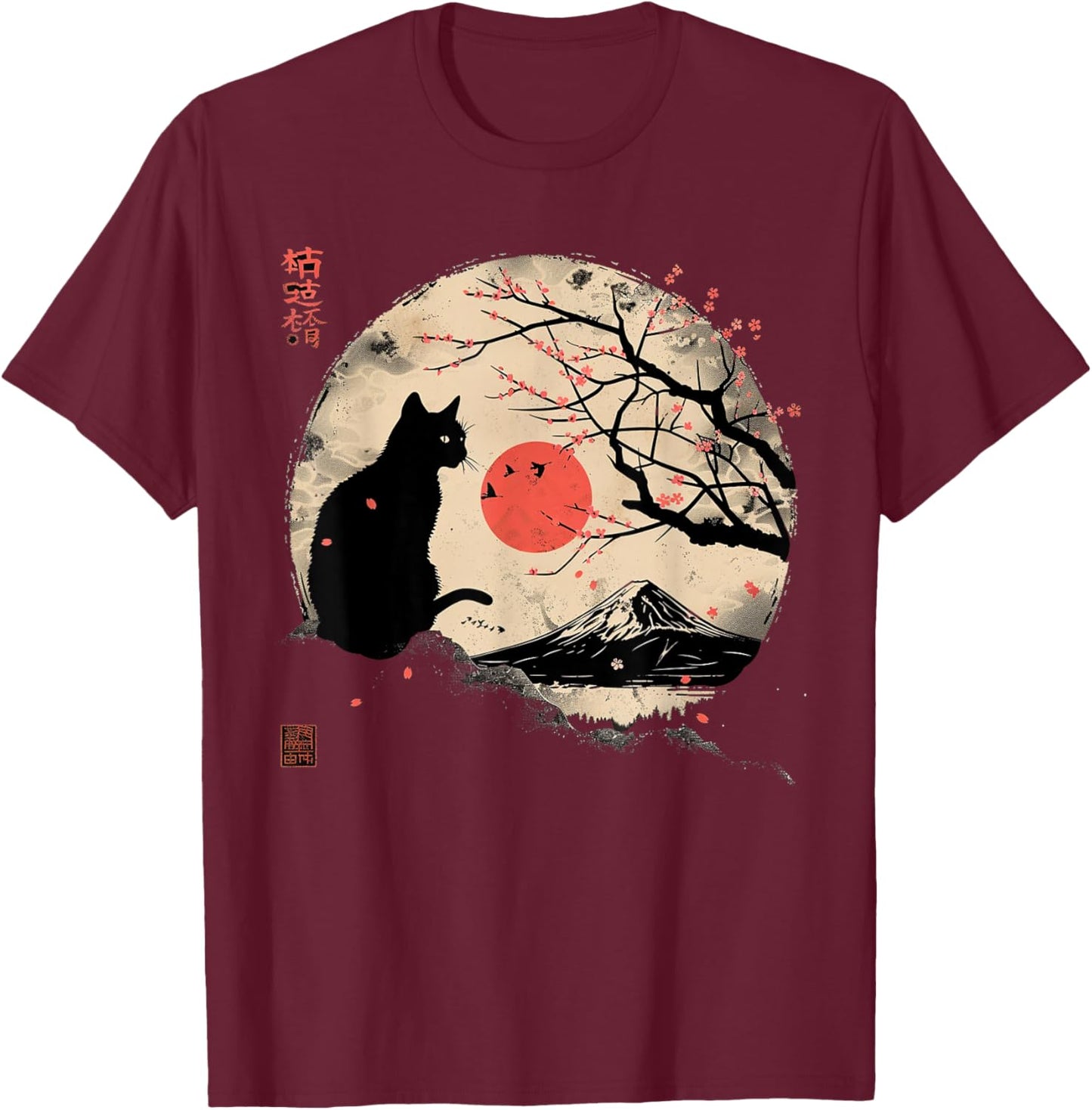 Black Cat Vintage Japan Art Japanese Theme Retro Print T-Shirt - T-Shirt | Maroon