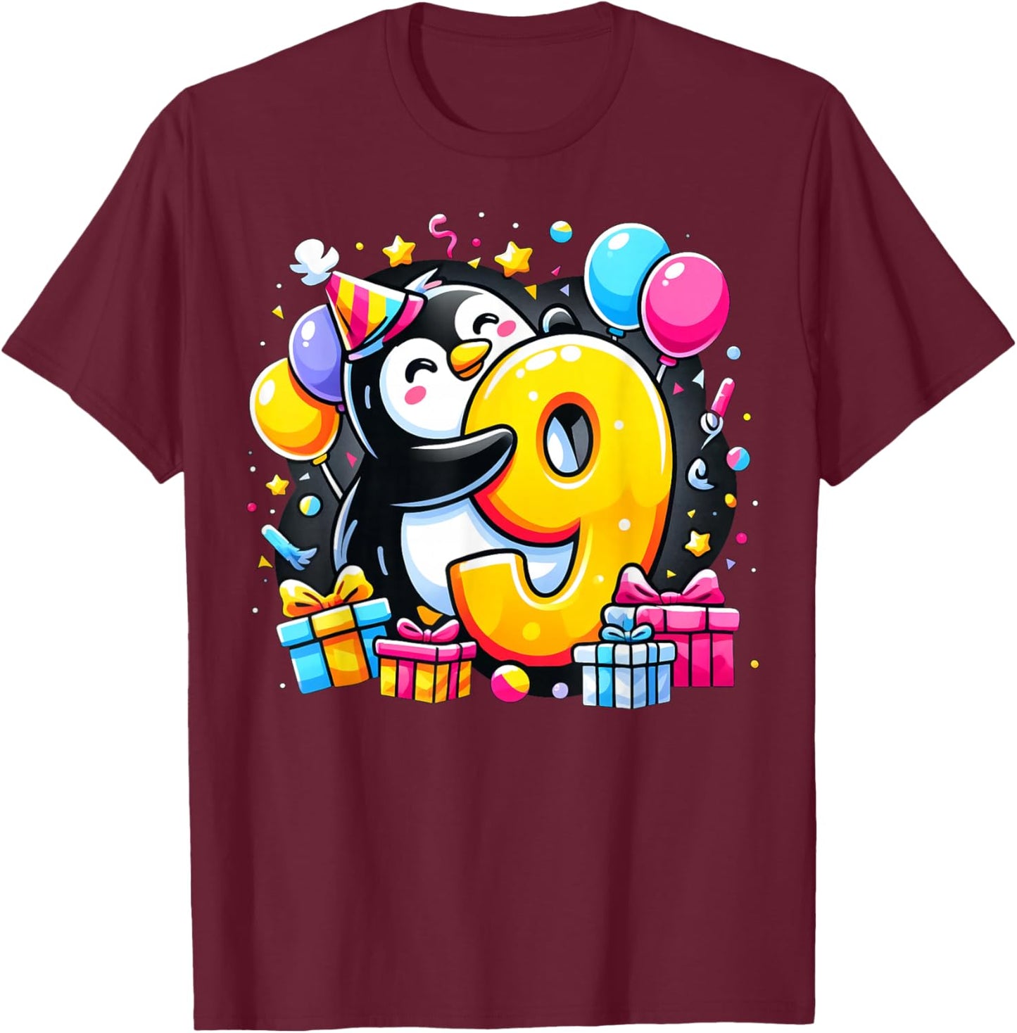Kids Penguin Theme ninth Bday Party 9th Penguin Birthday T-Shirt - T-Shirt | Maroon