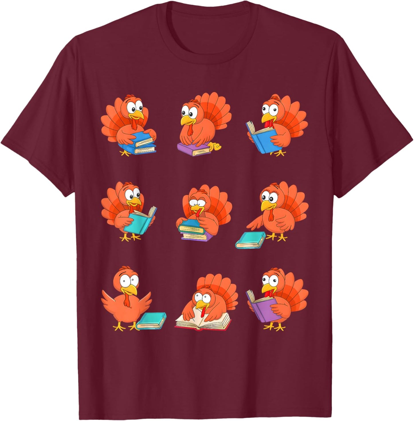 Cute Turkeys Reading Books Thanksgiving Books Lovers T-Shirt - T-Shirt | Maroon