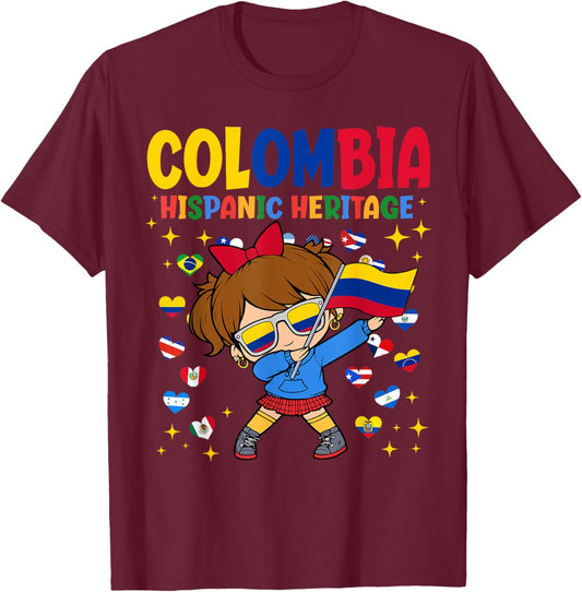 Hispanic Heritage Month Colombia Flag Colombian Girl Kids T-Shirt - T-Shirt | Maroon