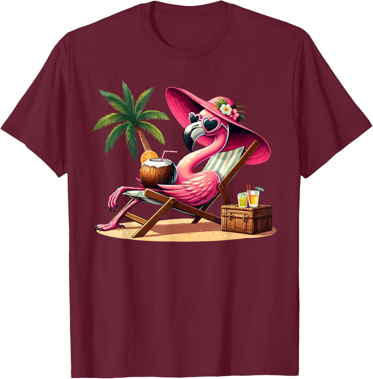 Pink Flamingo Summer Vibes Beach Palm Tree Summer Vacation T-Shirt - T-Shirt | Maroon
