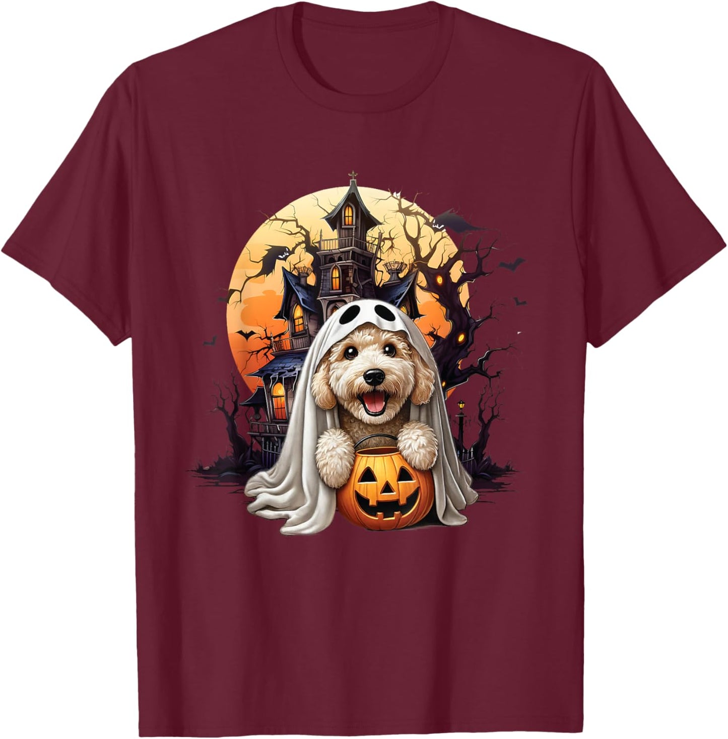 Playful Halloween Doodle Dog Ghost Design Fun for Dog Love T-Shirt - T-Shirt | Maroon