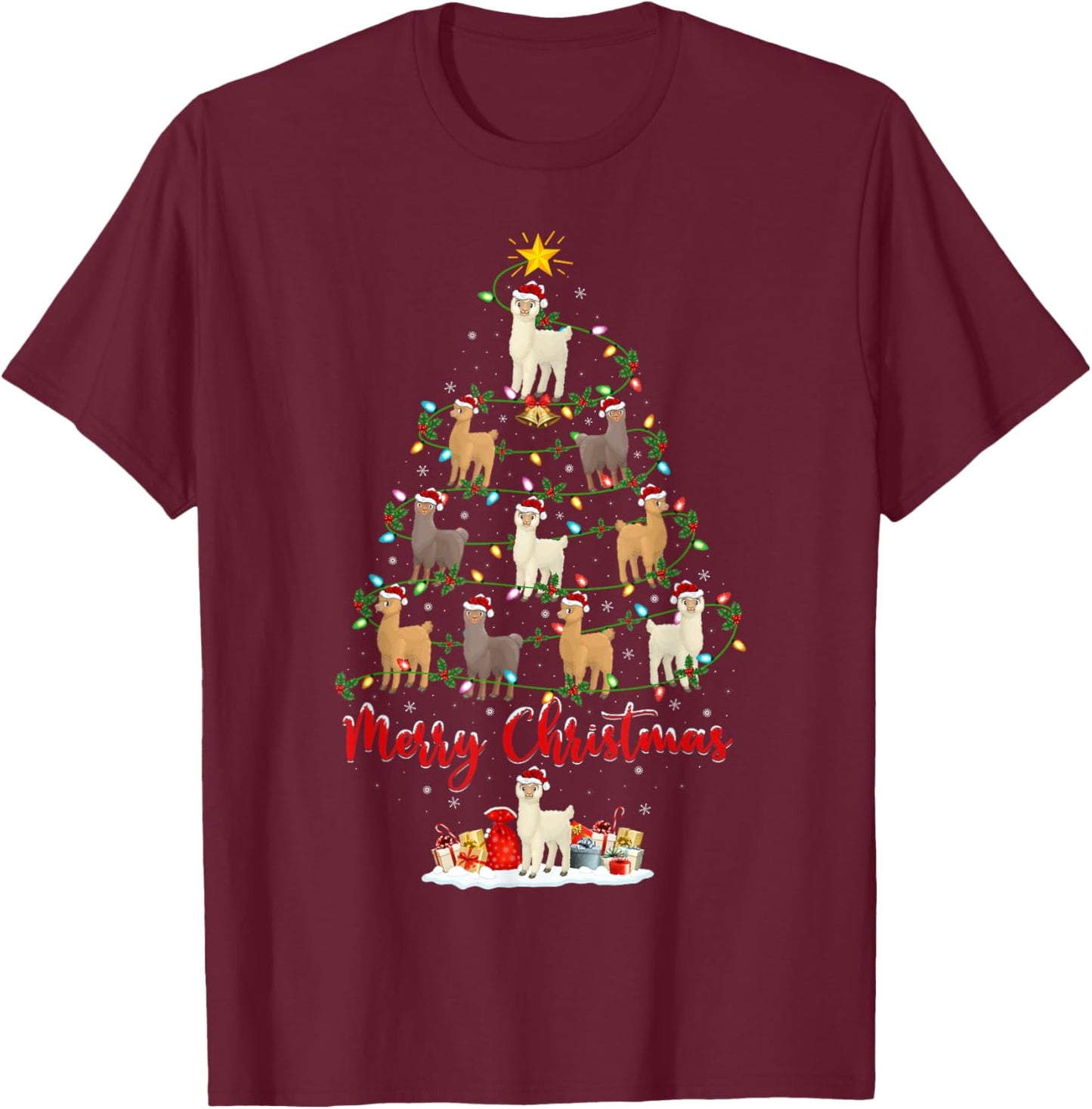 Alpaca Xmas Lighting Santa Alpaca Christmas Tree T-Shirt - T-Shirt | Maroon