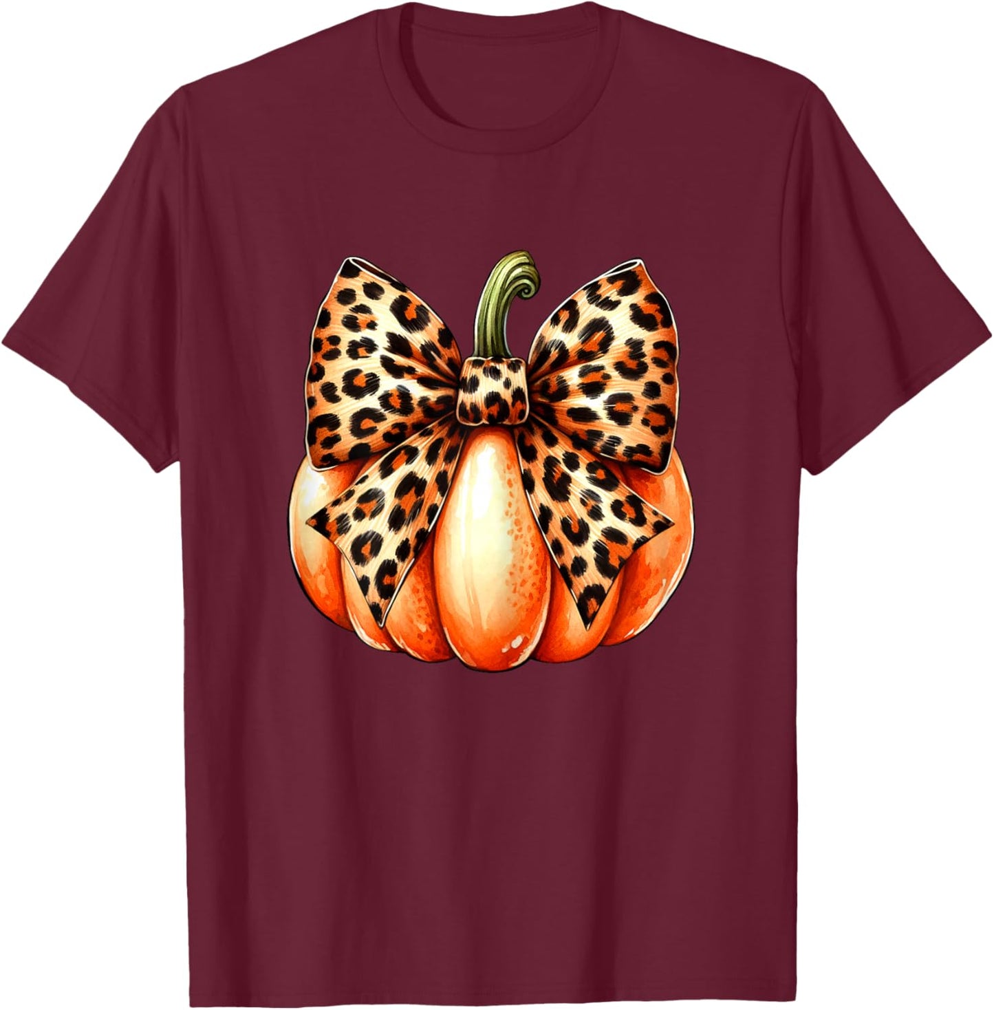 Coquette Bow Leopard Pumpkin Thanksgiving Rustic Fall Women T-Shirt - T-Shirt | Maroon